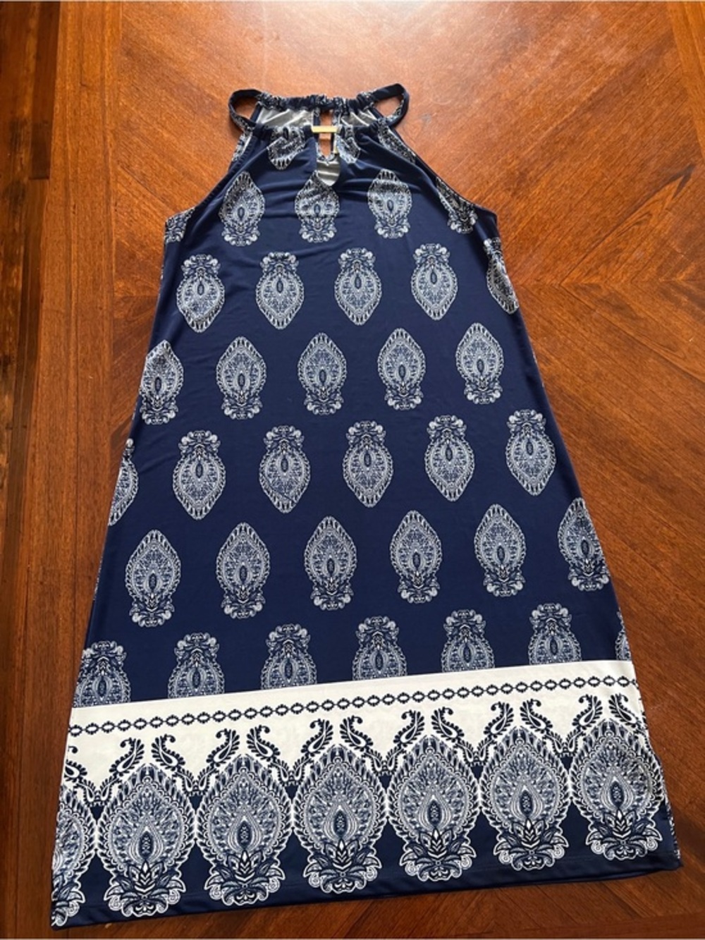 Navy Blue Halter Sundress with White Paisley Print